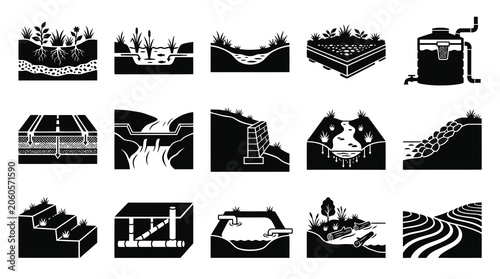Sustainable Drainage Systems (SuDS)  Green Infrastructure Glyph Icons for Urban Planning  Engineering