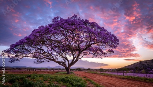 A Striking Jacaranda Tree Showcases Its Vivid Pink Blooms Under A Serene Evening Sky