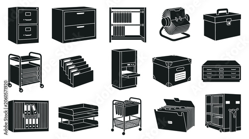 Office Document Storage and Organization Glyph Icons. Business Furniture, Filing Cabinets, and Stationery Silhouettes Set.