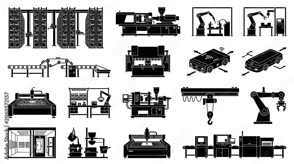 Obraz premium Manufacturing Technology Industrial Automation Icons Set. Black and White Flat Glyphs Collection.
