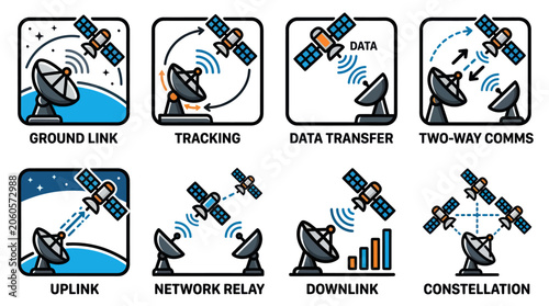 Photos Satellite communication and network data transfer icons.