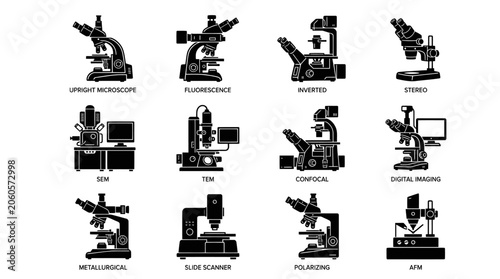 Foto Scientific microscope type icons for laboratory research.