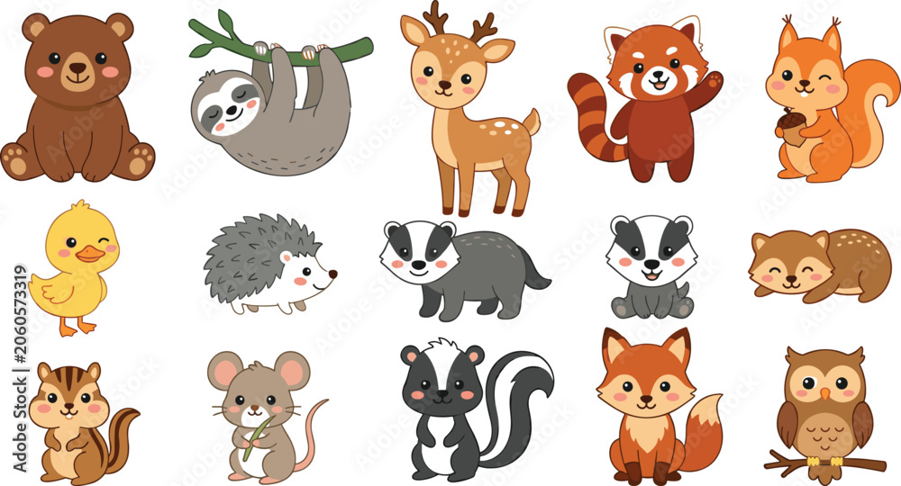 Obraz premium Cute woodland forest animal cartoon character collection with bear, deer, fox, squirrel, owl and adorable wild creatures