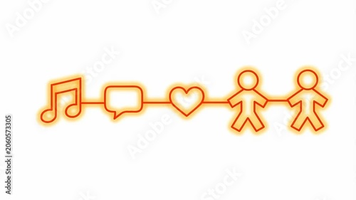 Animated whiteboard icons of music, chat, heart and people connected