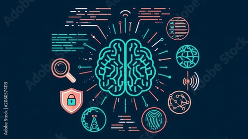 Illustration of a human brain surrounded by digital elements representing artificial intelligence, cybersecurity, big data, and the Internet of Things. Ideal for technology marketing, educational
