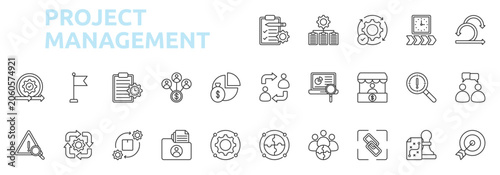 Project management icon set outline style with execution, timeline, scrum, agile, milestone, planning, stakeholder, budget, risk icons