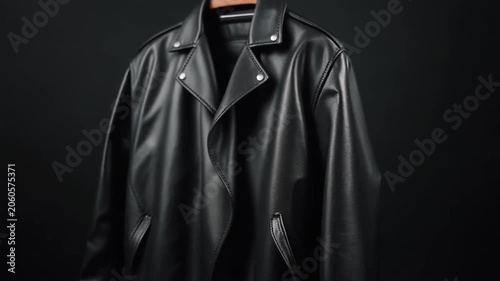 Sleek Matte Black Leather Motorcycle Jacket Hanging on a Wooden Hanger Against a Minimalist Dark Studio Background