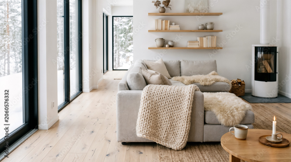 Obraz premium Scandinavian style living room interior featuring light grey fabric sectional sofa with knit blankets and bright natural daylight from large windows. AI