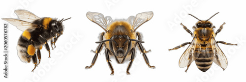 Cuadro en lienzo Three Detailed Honey Bees and Bumblebees Isolated on White Background, Macro Pho