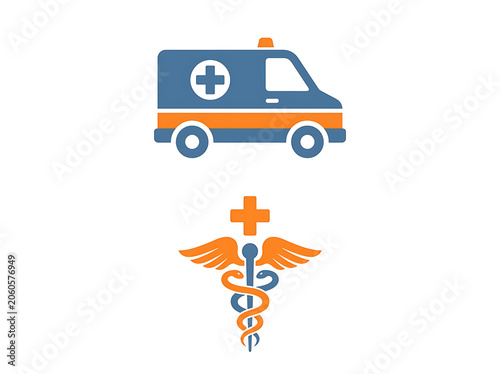 Blue delivery truck with orange wheels and plus sign.