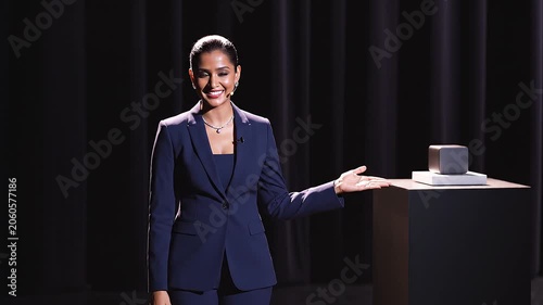 Professional Business Presenter Showcasing New Product Technology Innovation on Stage with Dark Background