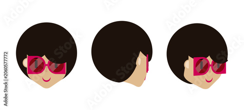 Trendy Geometric Style: A modern illustration of a woman's face in a geometric style, featuring a dark bob haircut and fashionable pink square sunglasses, shown from three different angles.