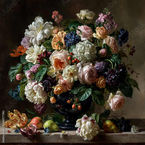 Still life composition featuring a grand bouquet of rich, colorful flowers and fresh fruits in a dark vase