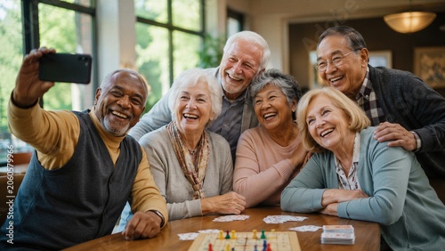 Diverse group of happy senior citizens takes a selfie while playing a board game together in a community center.