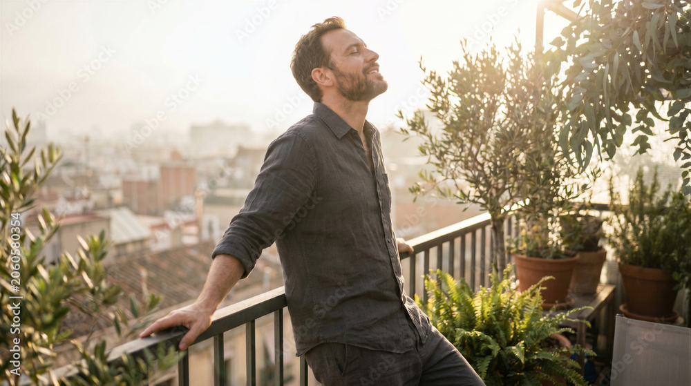 Fototapeta premium Man enjoying the sunset on a balcony with city view, relaxing and breathing fresh air, peaceful moment in an urban environment