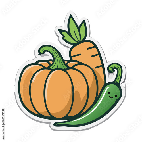 Cartoon Pumpkin Carrot and Pepper Illustration