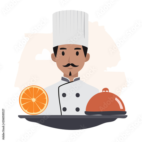Flat design illustration of a chef with orange and cloche