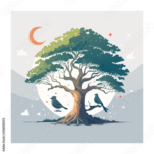 Flat design illustration of a tree with birds and moon