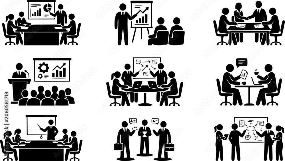 Fototapeta premium Business Meeting Silhouette Icons – Corporate Glyph Icon Vector Set