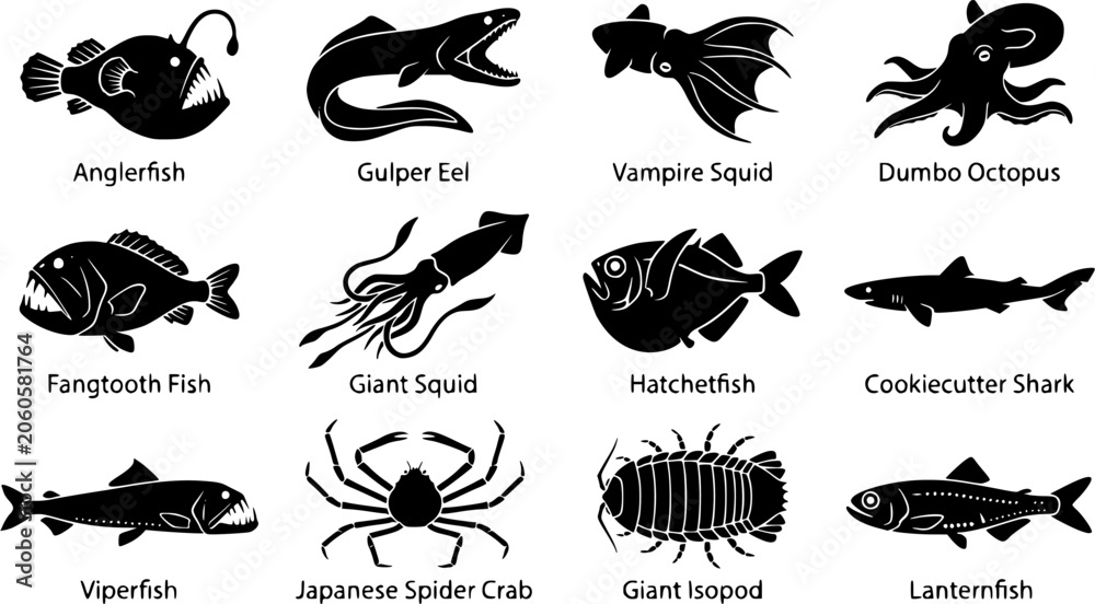 Obraz premium Deep Sea Creatures Silhouette Icons – Wildlife & Nature Vector Bundle