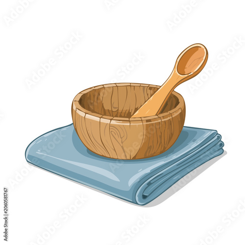 Wooden bowl and spoon on blue napkin illustration