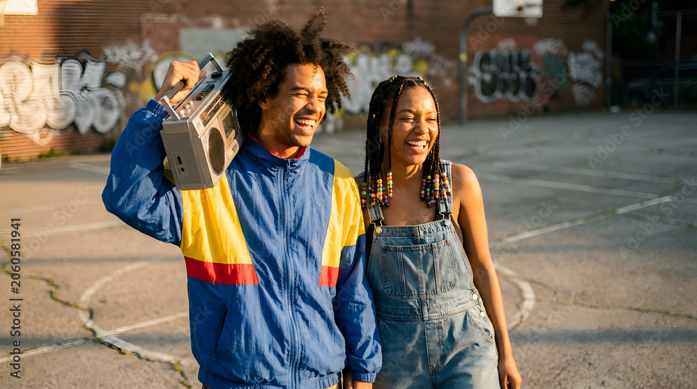 Obraz premium Happy young Black friends with vintage boombox on urban court