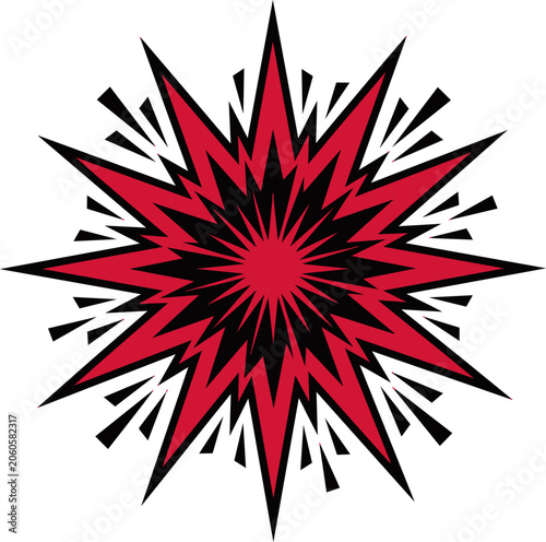 Comic book explosion, red and black starburst shape, cartoon blast effect, dynamic graphic element for action, impact, or comic book style design isolated on white background