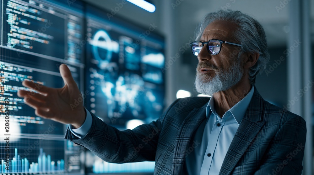 Fototapeta premium A senior technology executive presenting AI cost charts beside glowing code and financial graphs in a glass boardroom, serious mood, cool corporate lighting, three-quarter composition.