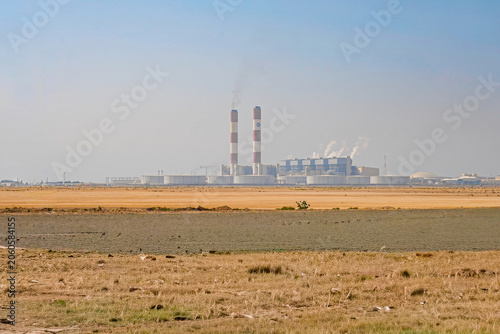 Distant view of Yanbu 3 power and desalination plant constructed by SEPCO in the desert of Saudi Arabia
