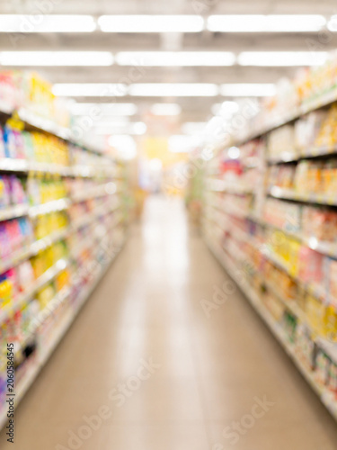 A blurred, out-of-focus background of a brightly lit supermarket aisle with colorful merchandise stacked on symmetrical shelves on both sides of a clean central walkway.