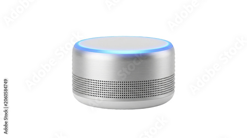 Smart Home Device with Blue Light: A sleek, modern smart home device, a circular speaker with a perforated grille and illuminated blue ring, sits ready to respond to voice commands.