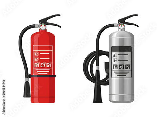 Red and silver fire extinguishers with hose and gauge.