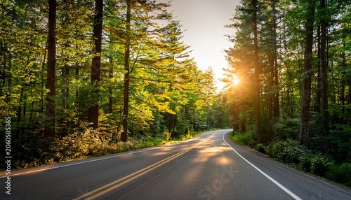 sunlit forest road winding through lush green trees in muskoka canada with warm golden light filtering through foliage creating a peaceful summer morning atmosphere and tranquil scenic beauty