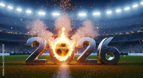 Metallic 2026 numbers with flaming soccer ball in stadium