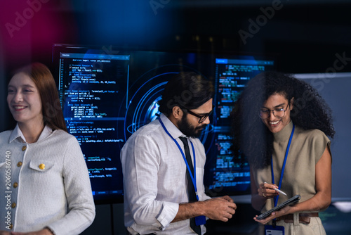 Quadro su tela Software engineers and cybersecurity specialists reviewing critical system security reports to mitigate potential cyber attack vulnerabilities and exploits