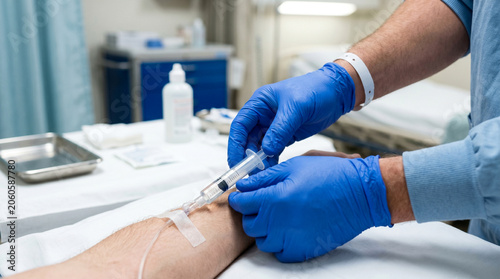 Close up of medical worker hands in blue gloves inserting syringe needle into patient arm vein for intravenous injection IV drip treatment in hospital ward