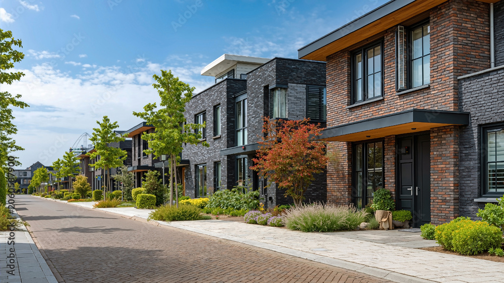 Obraz premium Street view of modern brick townhouses in a new residential neighborhood. Contemporary architecture in a suburban real estate development on a sunny day