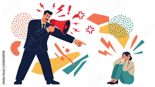 Bild auf Leinwand Boss yelling at employee with megaphone concept of toxic workplace vector