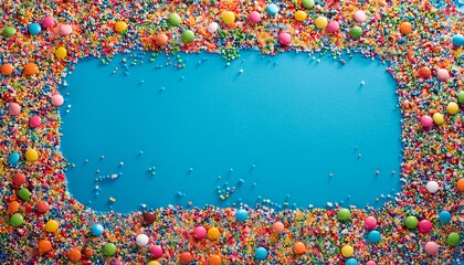 border frame of colorful sprinkles on blue background