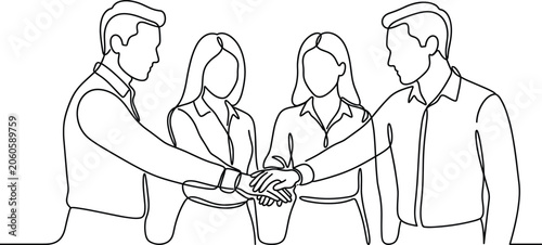Obraz na plátne Continuous line drawing of a diverse business team joining hands together for unity and cooperation