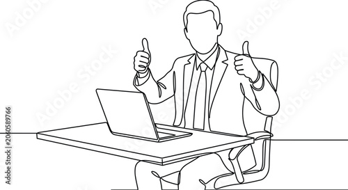 Obraz na plátně Continuous line drawing of a businessman sitting at a desk giving thumbs up