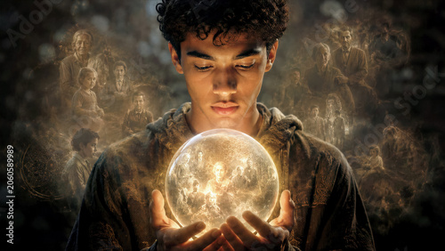 Portrait of young person holding glowing digital orb containing distilled memories and wisdom of ancestors