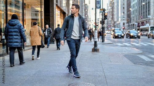 Person walking in busy city wearing shoes vibrating to signal navigation turns aware of surroundings