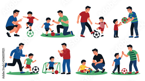 Set of father and son playing football together various scenes.