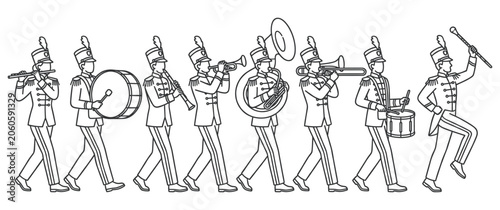 Photography Marching band members in uniform playing instruments in a parade performance