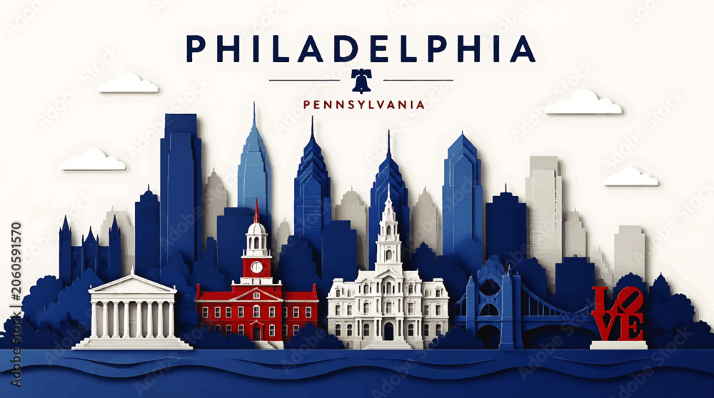 Obraz premium Philadelphia skyline illustration showcases cityscape architecture and landmarks