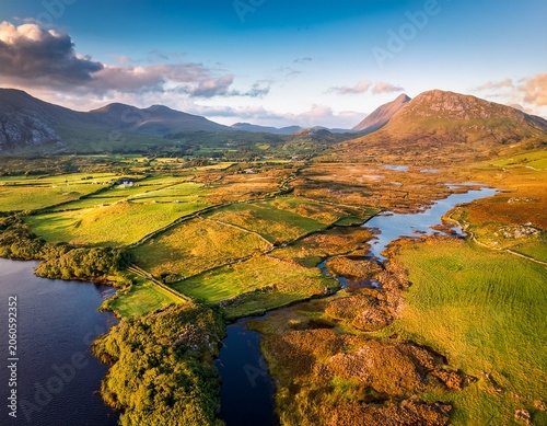 beautiful aerial view of connemara region in ireland scenic irish countryside landscape with mountains on the horizon county galway ireland