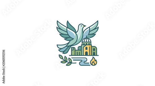 Tableau sur toile Peace Dove Symbol with Jerusalem Architecture and Olive Branch Icon