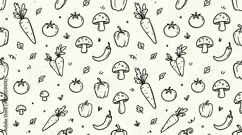 Whimsical monochrome pattern of vegetables including mushrooms carrots onions and peppers.