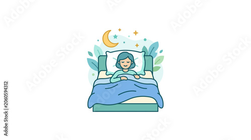 Tableau sur toile Peaceful Sleep: Woman Resting in Bed Under Crescent Moon and Stars